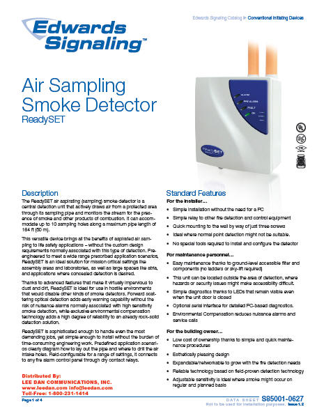 Edwards ReadySET Air Sampling Smoke Detectors 9-30719-KFB, 9-30721-KFB
